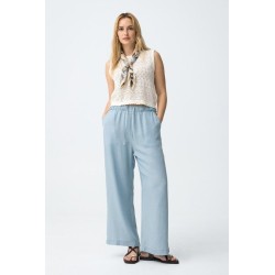 pantalón fluido azul claro mujer con cintura elástica y cordón ajustable