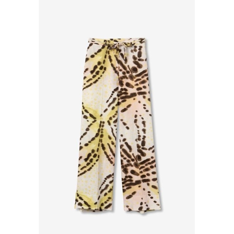 pantalón fluido estampado mujer tonos beige marrón y amarillo