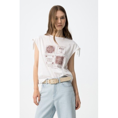 camiseta blanca mujer estampado verano con lazos en hombros