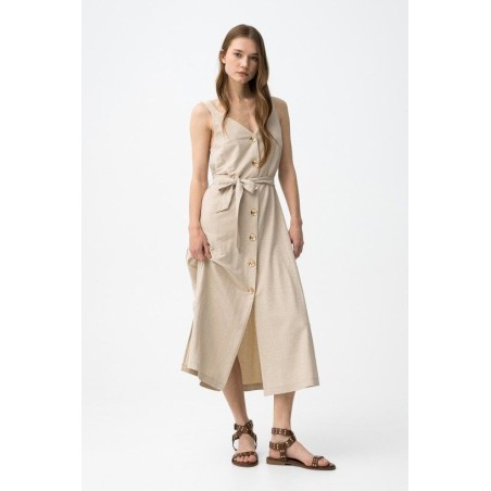 Vestido mujer botones y cinturón beige y burdeos | Tiffosi