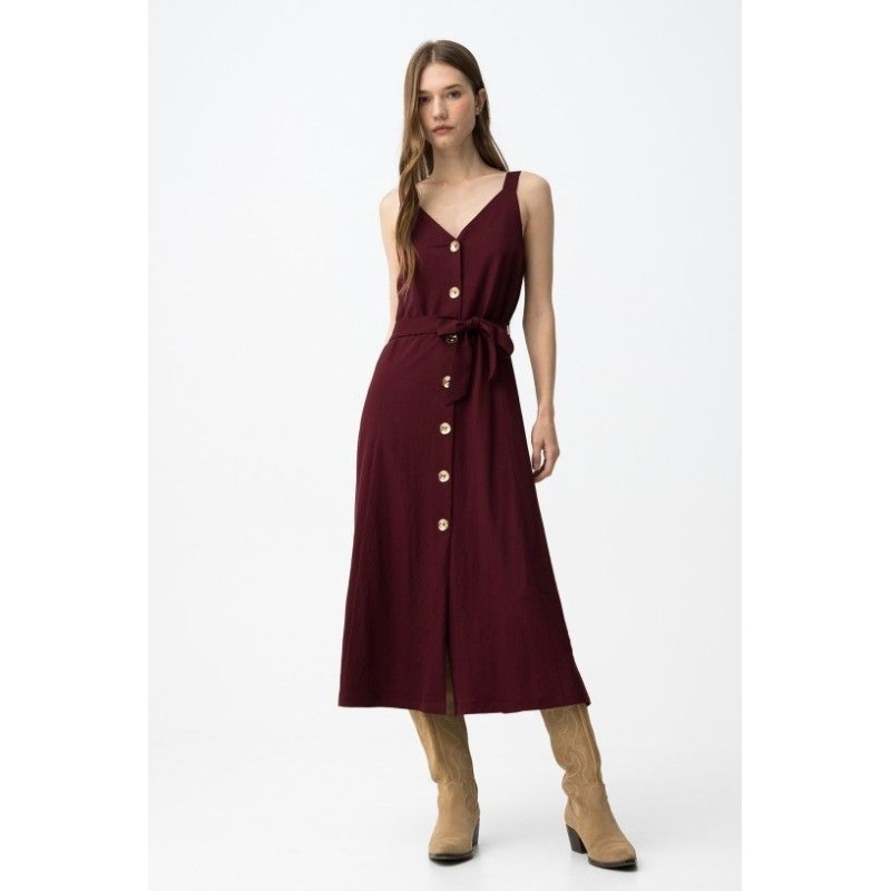 Vestido mujer botones y cinturón beige y burdeos | Tiffosi