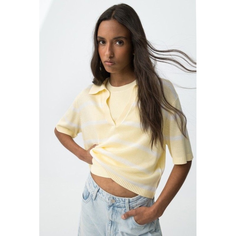 Polo mujer punto manga corta con rayas beige Tiffosi