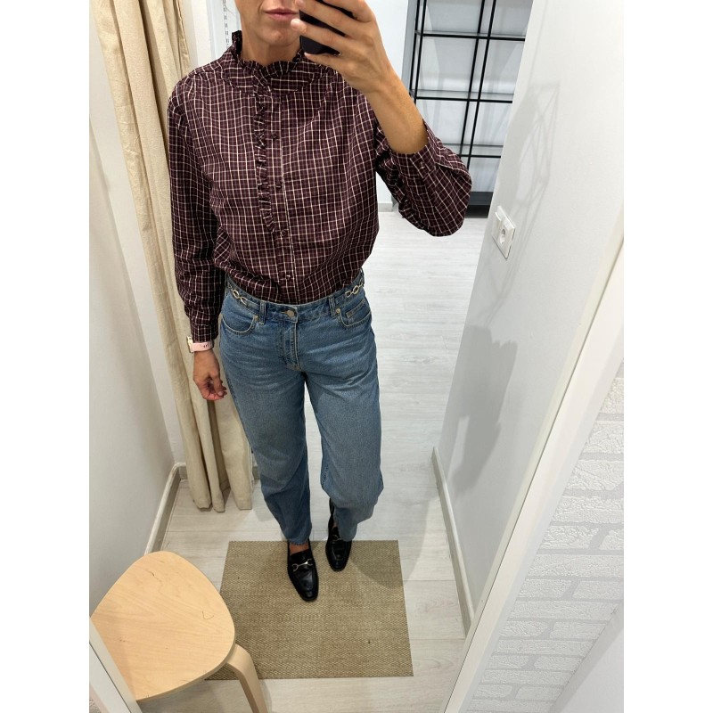 Camisa mujer cuadros con volante (beige, negra y burdeos)