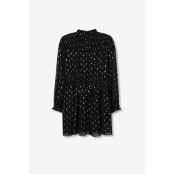 Vestido negro corto elegante mujer Fatima | Brillo metálico y volante