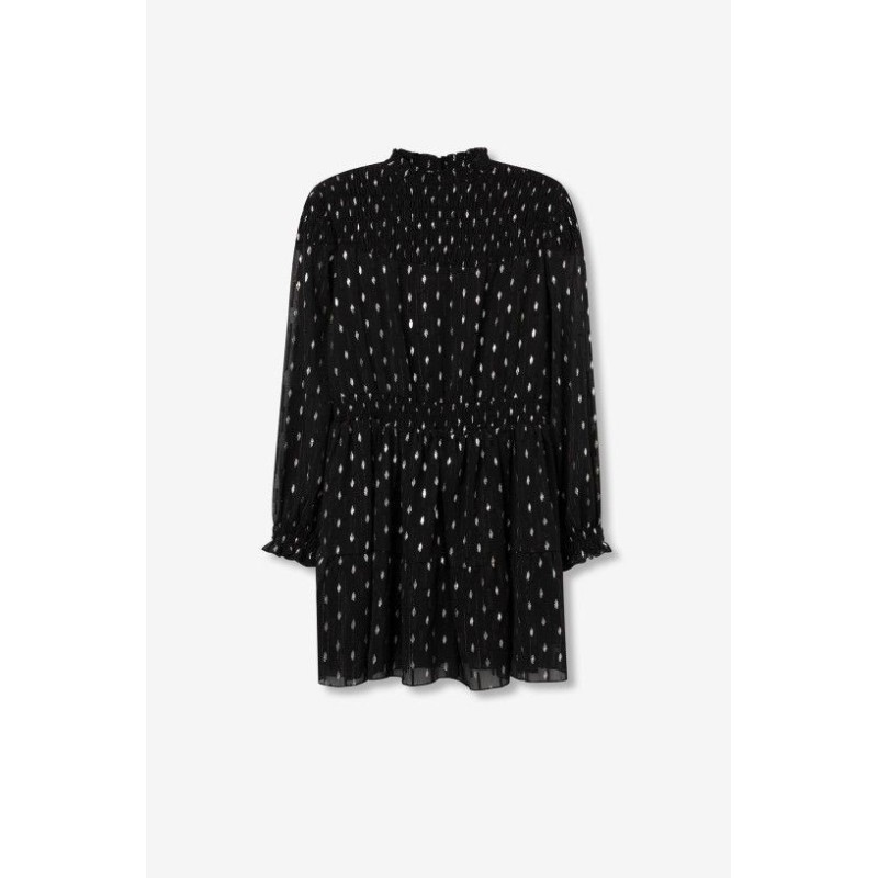 Vestido negro corto elegante mujer Fatima | Brillo metálico y volante