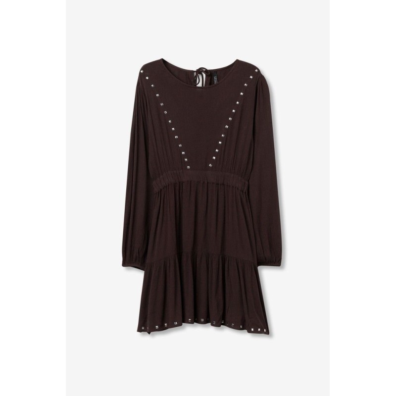 Vestido marrón boho mujer | Cintura elástica y detalles metálicos