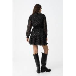 Vestido negro corto elegante mujer Fatima | Brillo metálico y volante