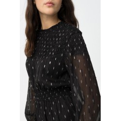 Vestido negro corto elegante mujer Fatima | Brillo metálico y volante
