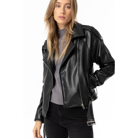 Chaqueta Bree Tiffosi negra efecto piel con cinturón desmontable