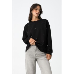 Sudadera Maeby negra de Tiffosi con apliques de perlas y acabado en rib