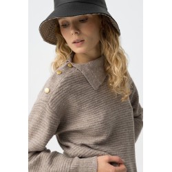 Jersey gris mujer de punto con cuello asimétrico | Moda otoño invierno