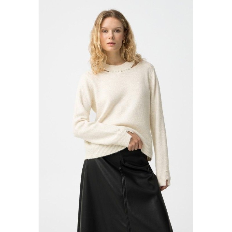 Jersey de punto crema con perlas | Jersey elegante mujer