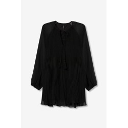 Vestido corto negro plisado con lazo | Mujer