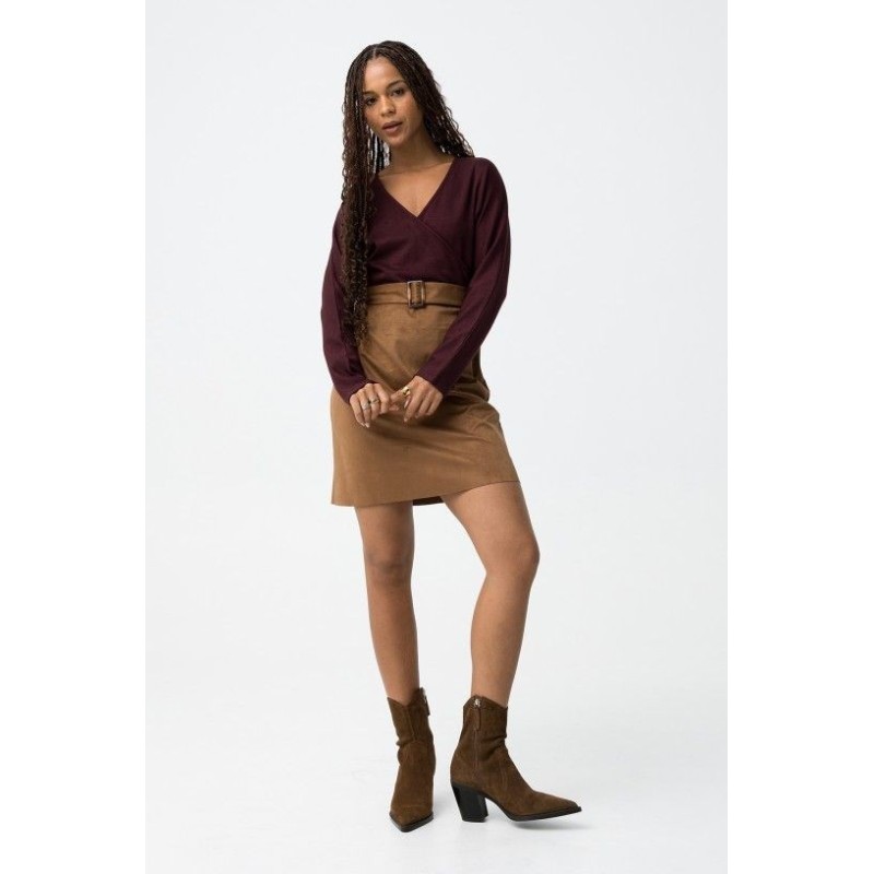 Vestido bicolor cruzado burdeos y camel | Nueva colección mujer