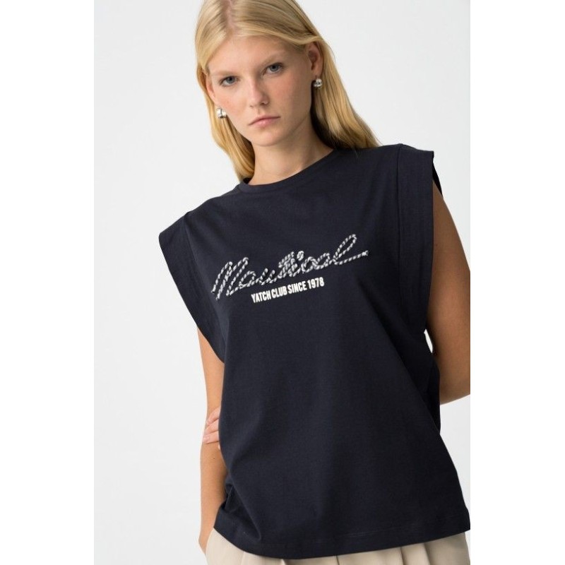 Camiseta negra sin mangas con logo “Nautical Yacht Club” en blanco, estilo casual y moderno.