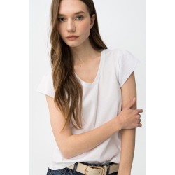 Camiseta blanca cuello pico con volante | Tiffosi