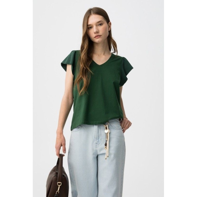 Camiseta blanca cuello pico con volante | Tiffosi